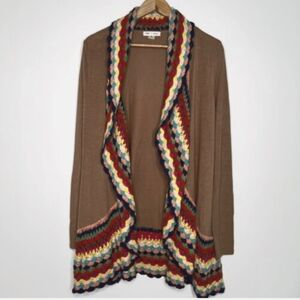 Double Zero S XS Tan Multicolor Rainbow Crochet Granny Square Cardigan Sweater